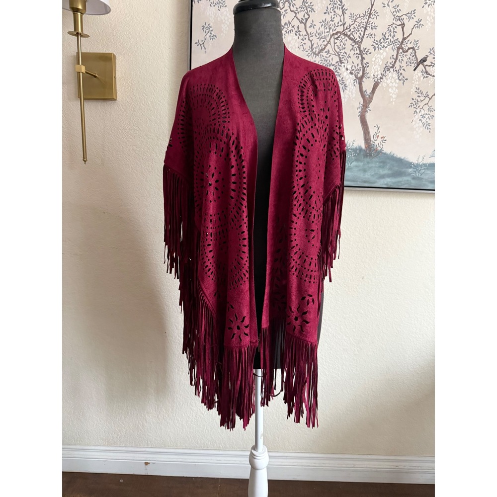 Saachi Burgundy Faux Suede Laser Cut Fringe Wrap Shawl Kimono Boho Open Front